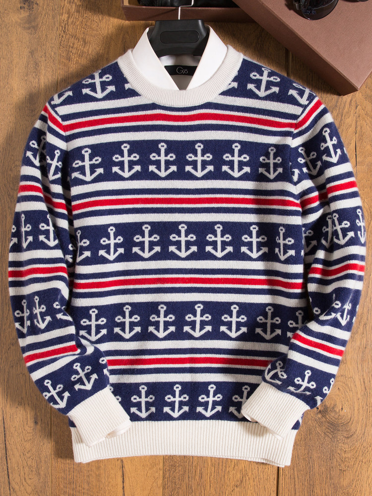 앵커 자카드 스웨터 남성용 겨울 트렌디 스트라이프 프리미엄 캐시미어 스웨터 남성용 100 퓨어 캐시미어 라운드 넥 두꺼워 짐