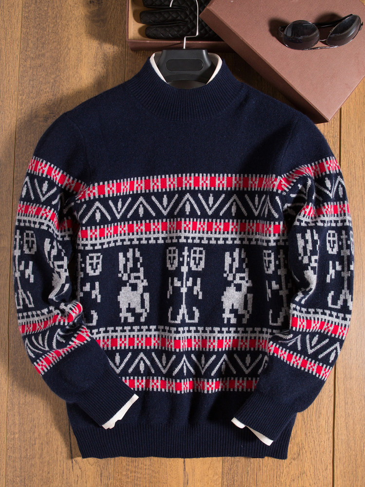 겨울 따뜻한 노르딕 스타일 남성용 페어 아일 스웨터 남성용 복고풍 니트 스웨터 남성용 프리미엄 두꺼운 하프 터틀넥 캐시미어 스웨터
