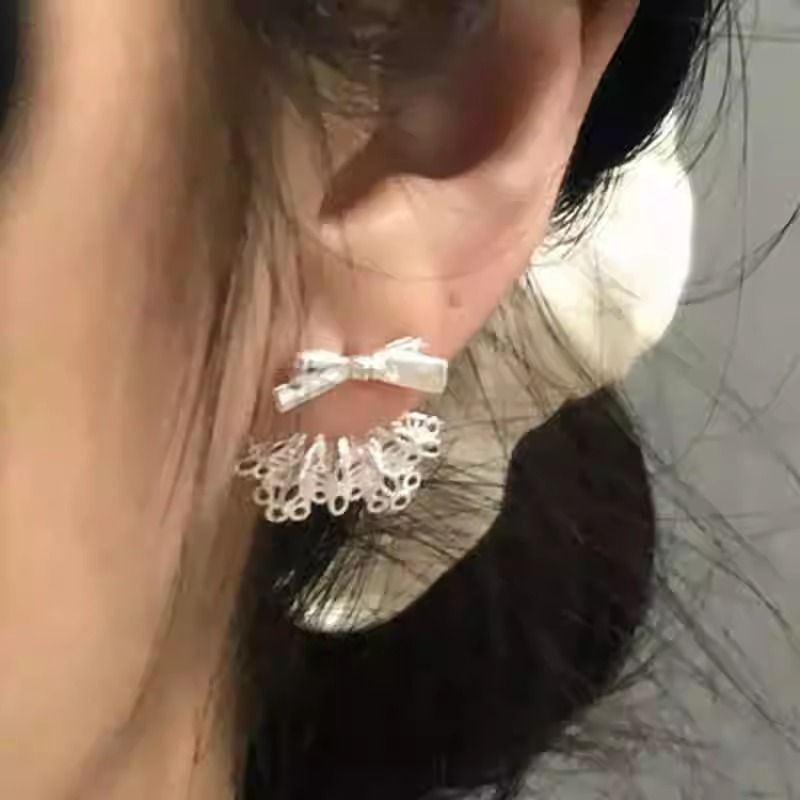 法式银色蕾丝裙边蝴蝶结耳钉甜美风轻奢精致韩系耳饰