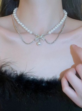 法式温柔高级感蝴蝶结珍珠项链小众复古吊坠轻奢锁骨链气质颈链