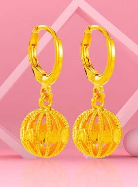 奢华小巧仿24k黄金镂空球耳坠女款耳饰 简约越南沙金复古短款