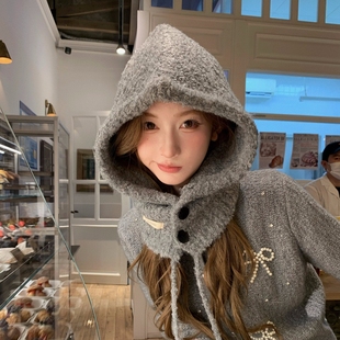 洋气灰色含羊毛针织巴拉克拉法帽女冬帽子围脖一体保暖护耳毛线帽