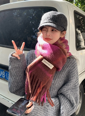 冬季韩版女紫色格子围巾围脖