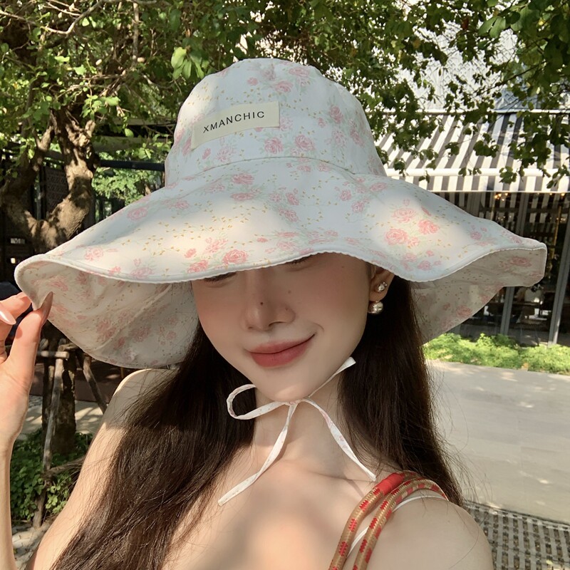 设计师博主款碎花荷叶边渔夫帽女夏季防晒遮阳帽大帽檐百搭太阳帽