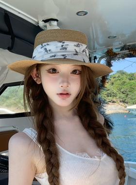 法式平顶草帽女夏季防晒海边度假