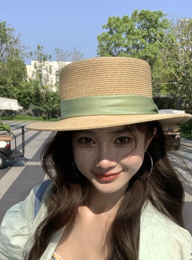 平顶帽出游法式女大草帽