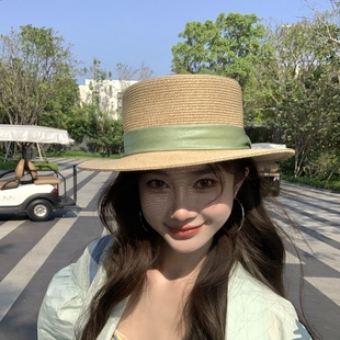 Bella赫本风法式平顶草帽女夏季海边度假遮阳防晒帽子时尚礼帽
