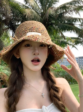 气质彩虹手编草帽渔夫帽女度假