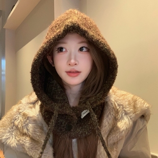 韩系帽子围脖一体女秋冬巴拉克拉法帽含羊毛针织帽保暖护耳毛线帽