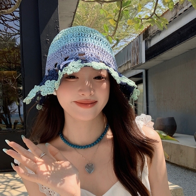 蓝色镂空钩花草帽渔夫帽遮阳帽