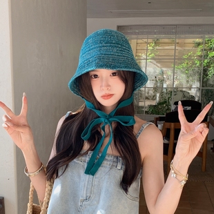 倪妮同款渔夫帽女早秋冬飘带针织拉法帽盆帽大头围显脸小百搭帽子