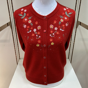 妈妈装 中老年女装 秋冬装 羊毛衫 厚 绣花重工款 艾靓依100%纯羊毛开衫