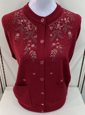 秋冬季妈妈装绣花针织毛衣开衫中老年女装绿色口袋上衣外套50岁60