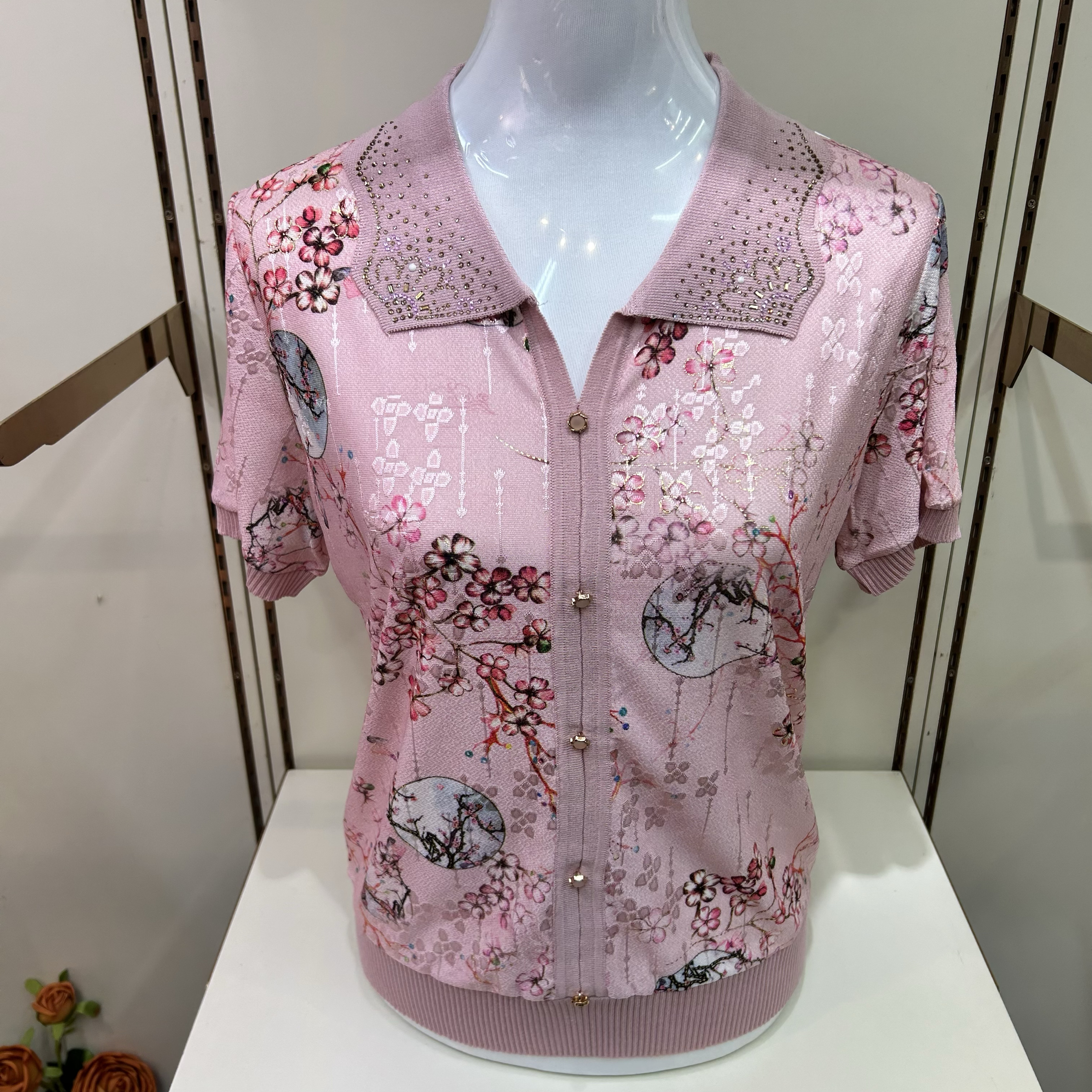 中老年妈妈装2025夏季新款翻领碎花薄假开衫短袖奶奶装T恤女上衣