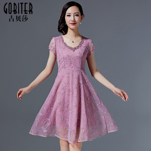 古贝莎夏装新品品牌网纱刺绣宽松气质妈妈装短袖连衣裙