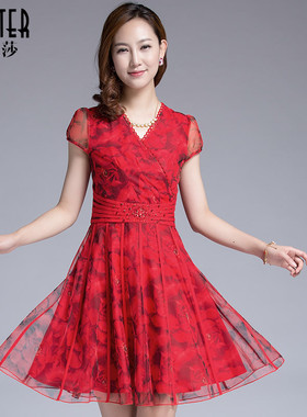 古贝莎品牌女装夏季显瘦拼接短袖红色礼服年轻妈妈装婚宴连衣裙子