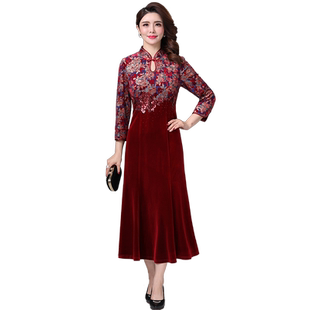 古贝莎春秋品牌女装丝绒新娘结婚宴会礼服岳母妈妈装连衣裙子