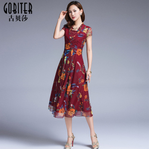 古贝莎高端品牌夏装时尚妈妈装高端印花长裙修身连衣裙女