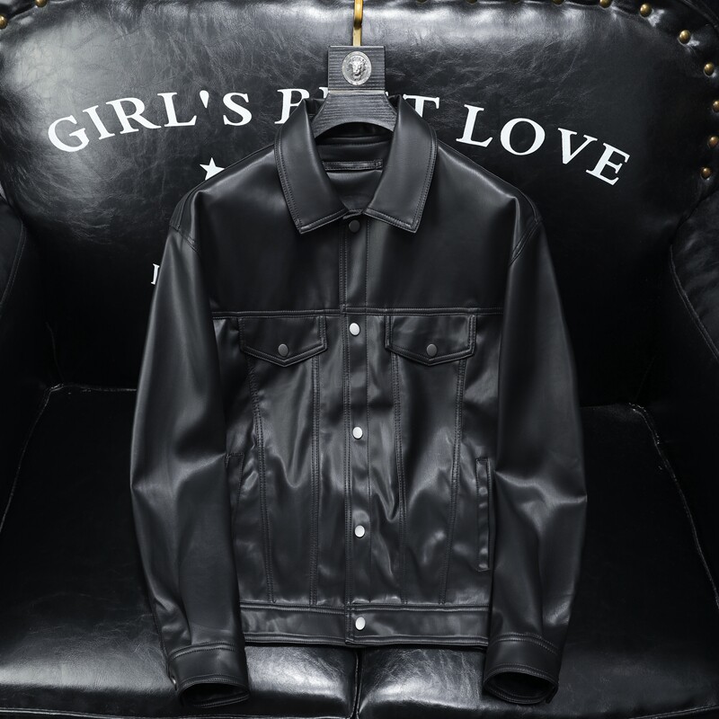 2024秋冬新款男士翻领机车皮外套修身潮男6180P175黑色沙发底，男装皮衣，钱塘6007(原2006)