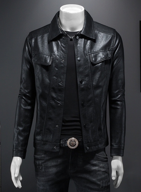 2024年秋冬新款男士翻领机车皮外套修身潮男货号7950P175 假模图