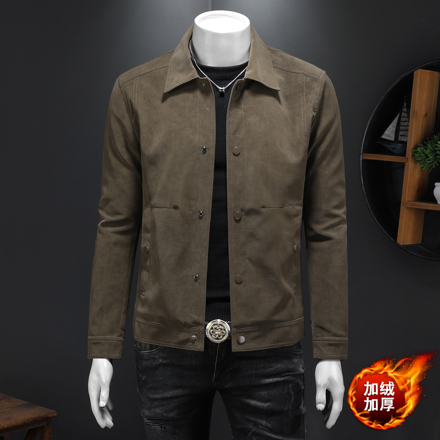 2025秋冬新款加绒男士翻领机车皮外套修身潮男1818-2P155假模，男装皮衣，钱塘6007(原2006)