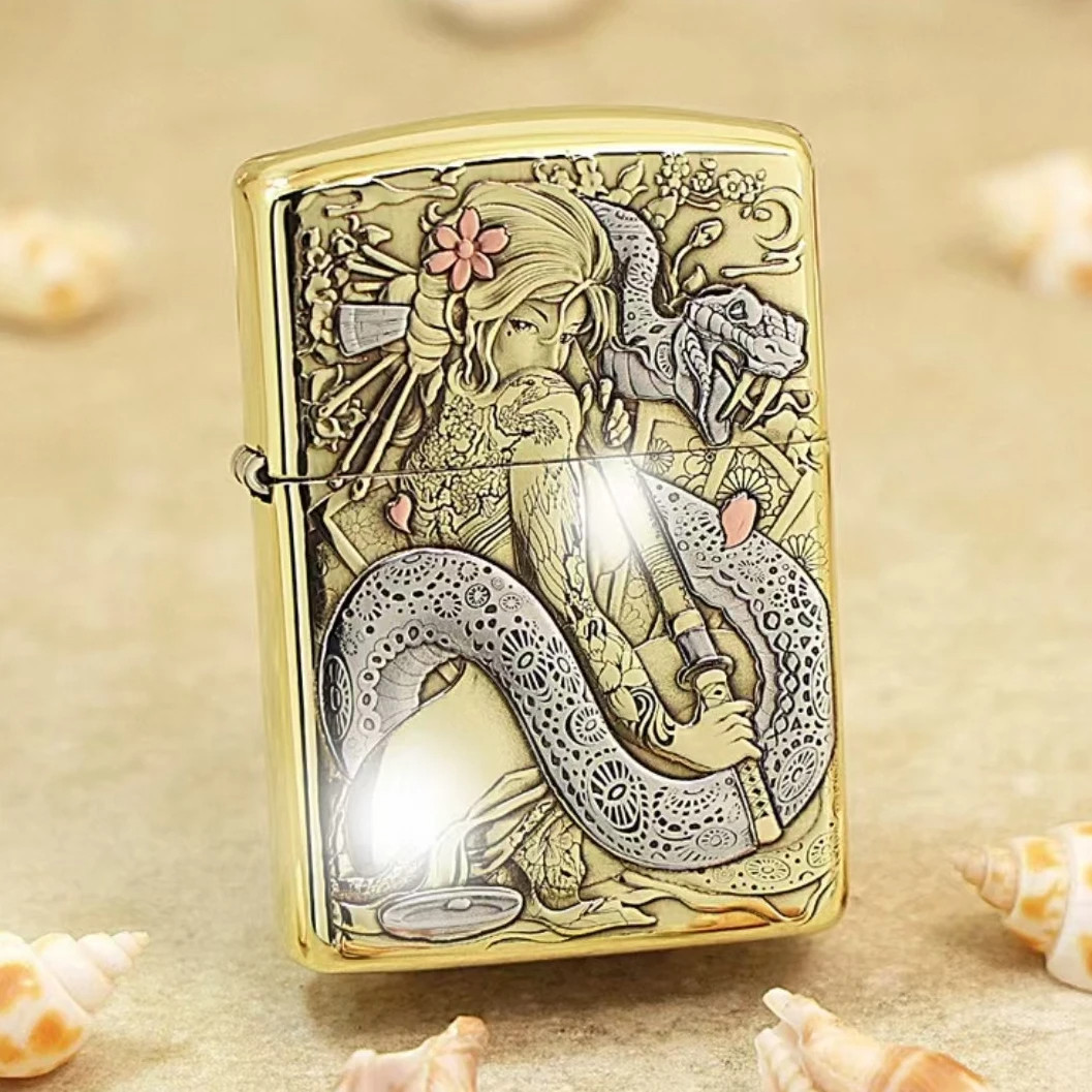 ZIPPO/之宝打火机双面镶嵌黄铜蛇女艺妓3D浮雕工艺收藏防风送男友