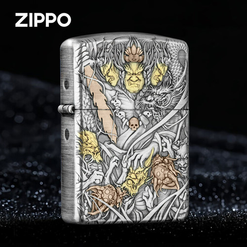 ZIPPO熏银鎏金狼王不动明王
