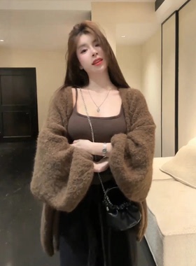 韩系慵懒风黄色软糯毛衣外套女2025秋冬季宽松灯笼袖针织开衫上衣