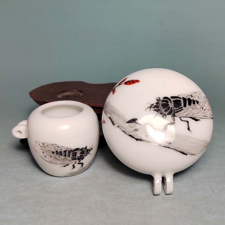 景德镇陶瓷手绘蝉两件套绣眼鸟杯金青鸟碗小鸟食缸鸟笼用具喂食器图片