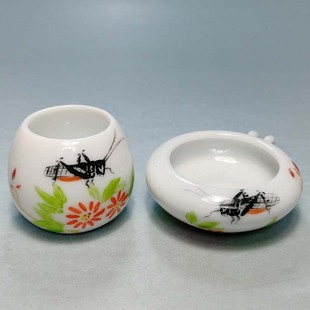 手绘虫草两件柳莺鸟食罐绣眼鸟缸金青鸟食碗陶瓷小鸟食杯鸟笼配件