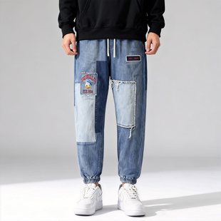 男女款唐老鸭联名able jeans牛仔裤松紧腰束脚潮流休闲潮流补丁裤