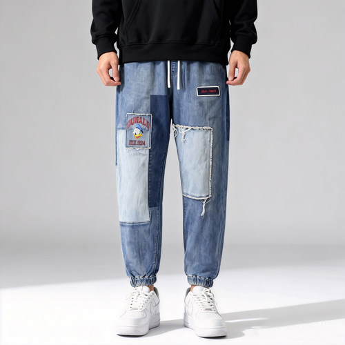 男女款唐老鸭联名able jeans牛仔裤松紧腰束脚潮流休闲潮流补丁裤