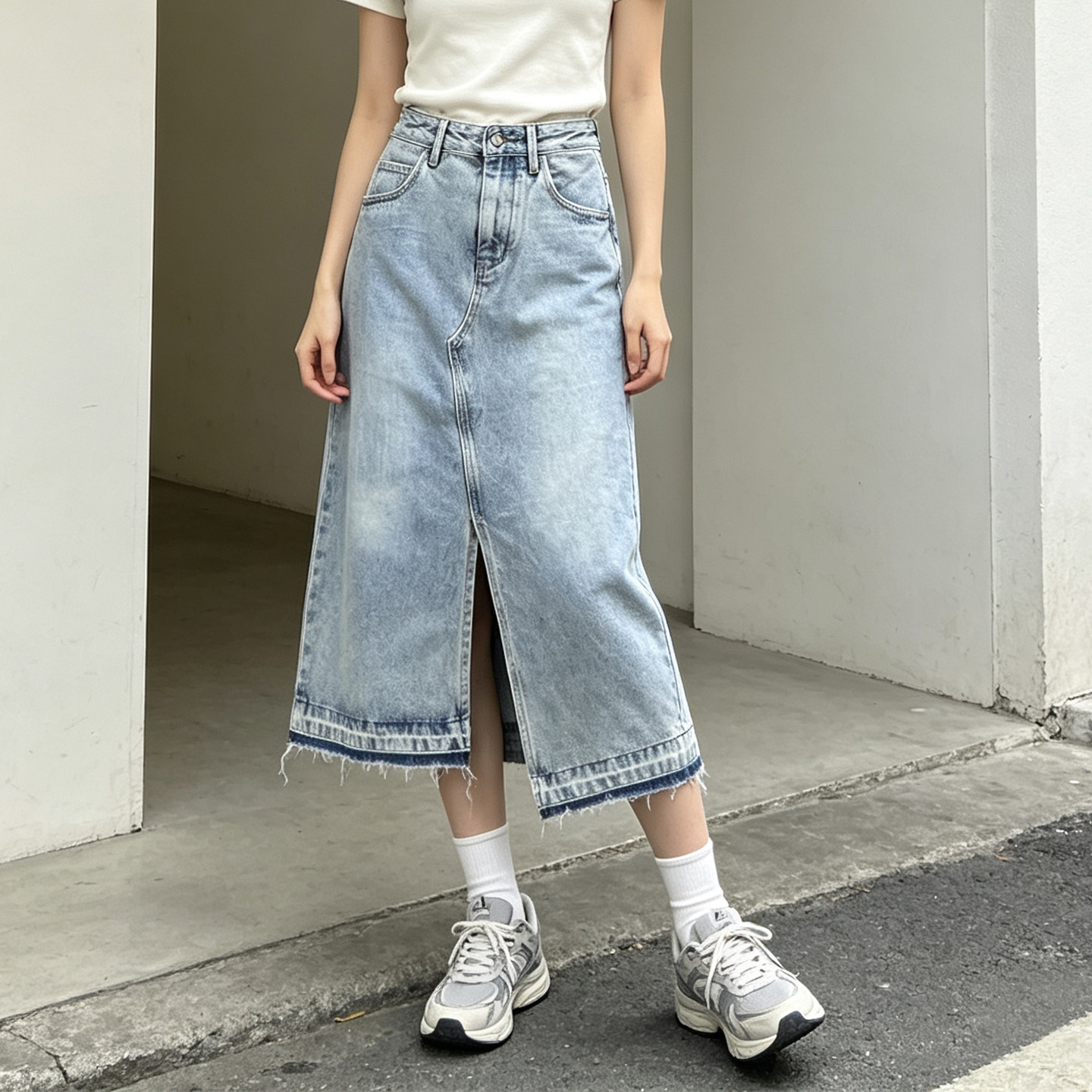 春夏水洗浅色牛仔裙女半身裙中裙潮流休闲浅色时尚开叉女式裙子