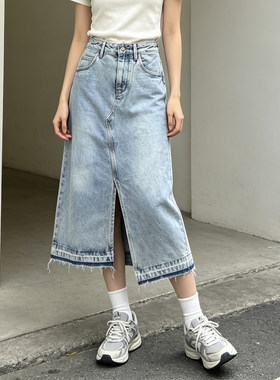 春夏水洗浅色牛仔裙女半身裙中裙潮流休闲浅色时尚开叉女式裙子