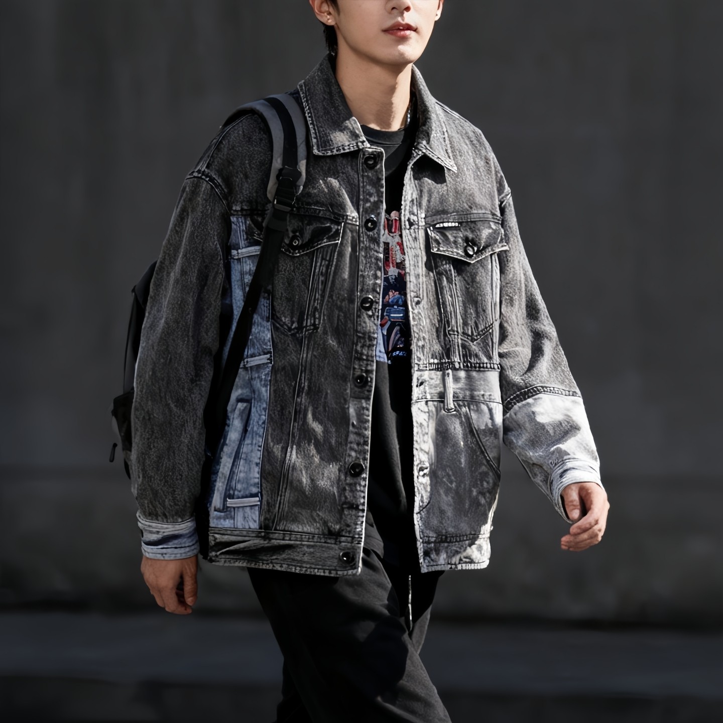 中国想象解构牛仔夹克ABLE JEANS男外套拼接黑灰休闲复古牛子外套