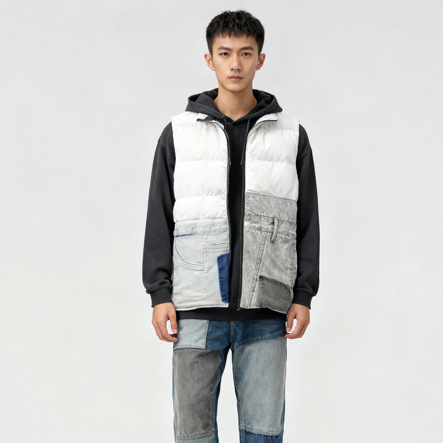 加厚中国想象ABLEJEANS男女同款冬季加厚棉马甲潮流牛仔拼接背心