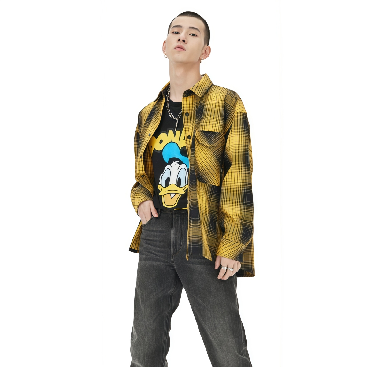 日系CITYBOY宽松潮流格子衬衫男