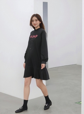 特划算ABLE JEANS女黑色牛仔连身裙长袖秋季套头宽松连衣裙潮女裙