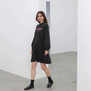 套头宽松连衣裙潮女裙 秋季 特划算ABLE JEANS女黑色牛仔连身裙长袖
