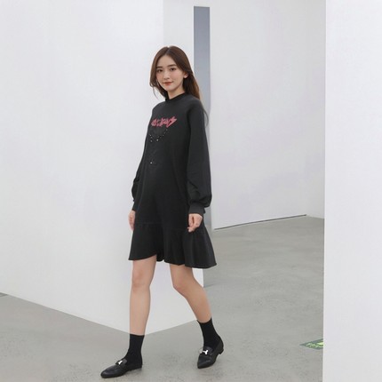 特划算ABLE JEANS女黑色牛仔连身裙长袖秋季套头宽松连衣裙潮女裙
