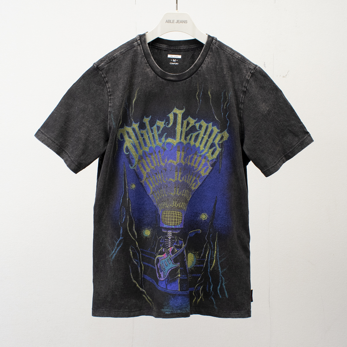 黑牛仔针织短袖摇滚印花青年T恤