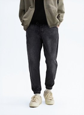 断码超值运动牛仔裤松紧腰黑灰色毛圈布休闲束脚男卫裤ABLE JEANS