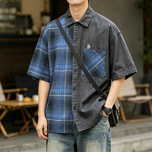 夏季纯棉格子宽松短袖薄款衬衫男