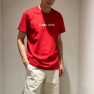 男女圆领体恤衫 闭眼入修身 able jeans短袖 潮红色全棉t恤 印花夏季