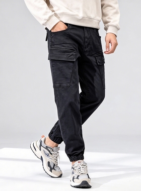 很有型！秋季黑色工装牛仔裤able jeans男束脚裤多口袋休闲裤潮流