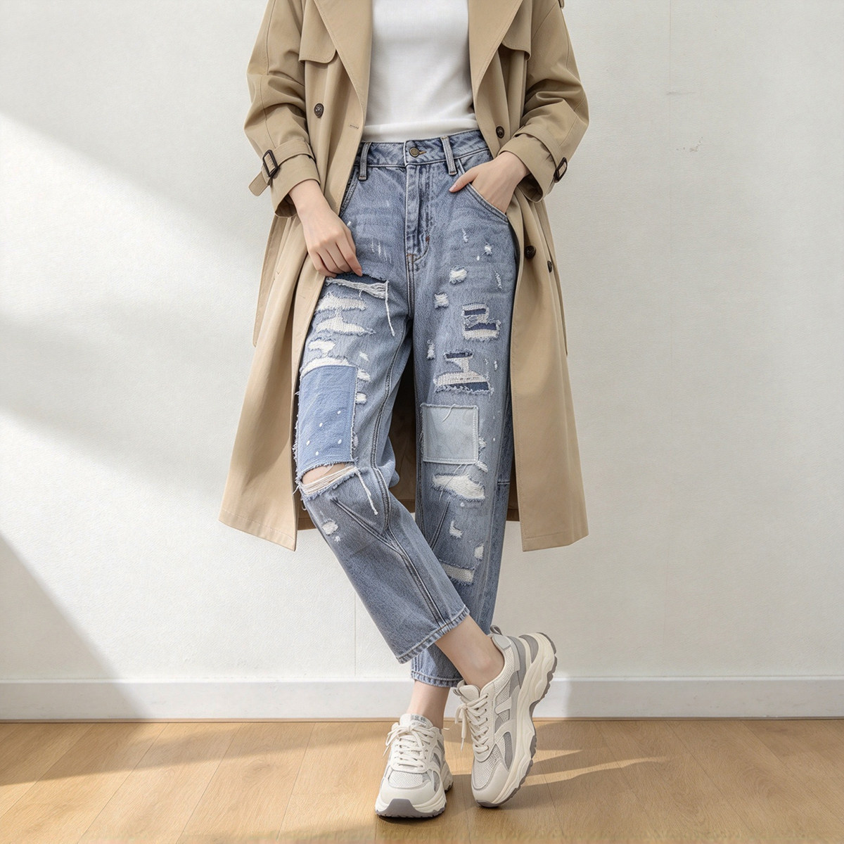 ABLEJEANS女士破洞妈咪牛仔裤