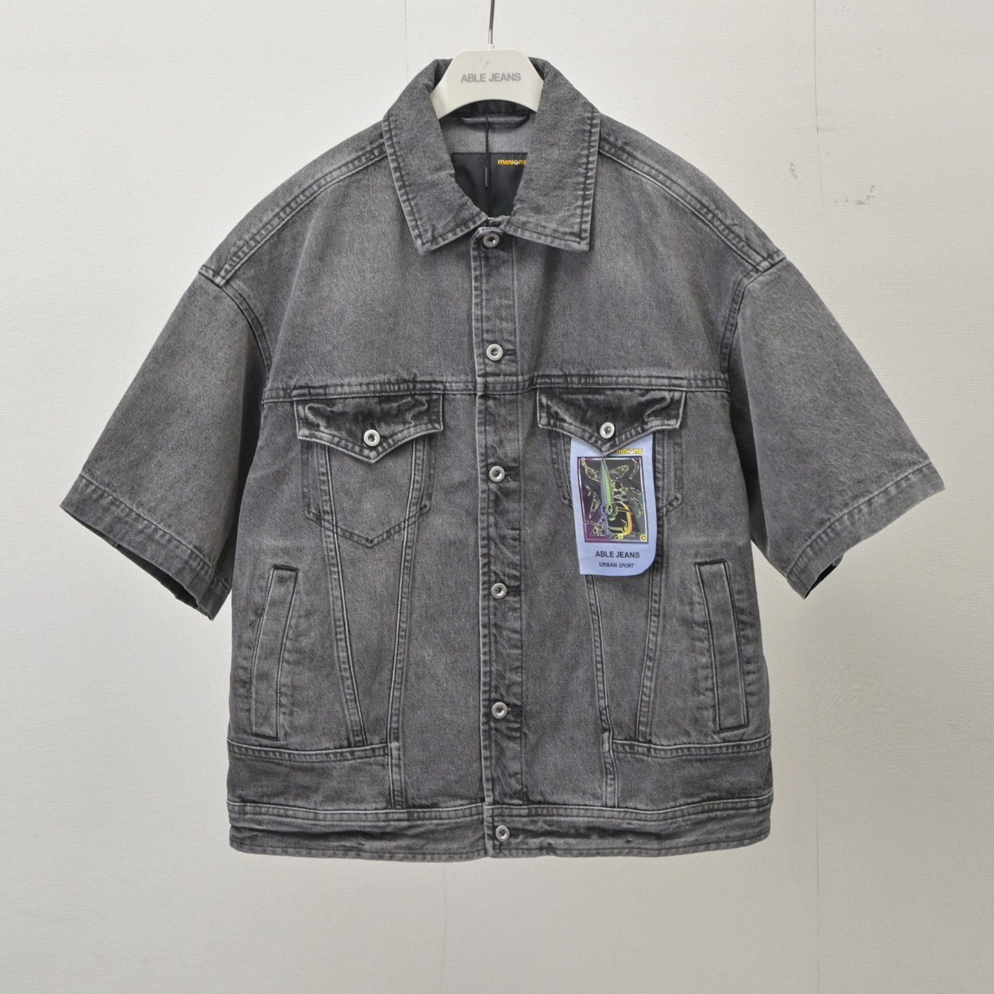 新款中性男女同款黑灰牛仔外套宽松五分袖ABLEJEANS牛仔夹克春秋