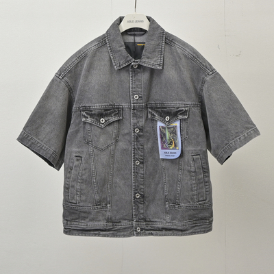 新款中性男女同款黑灰牛仔外套宽松五分袖ABLEJEANS牛仔夹克春秋