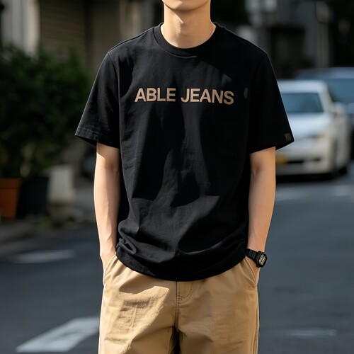 ABLEJEANS男纯棉修身短袖黑T恤