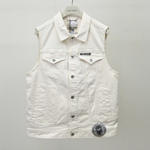 翻领无袖 春秋白牛马甲ABLE 时尚 牛仔背心机车个性 潮 JEANS男女同款